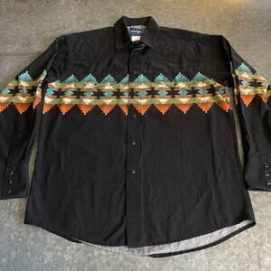 Vintage Wrangler 90s Aztec Western Pearl Snap Shirt Mens Large Black Y2K Tribal